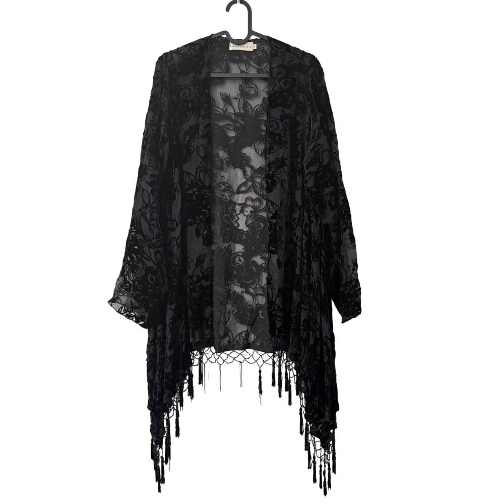Johnny Was 4 Love & Liberty Black Whimsygoth Velvet Fringe Kimono Medium FLAW